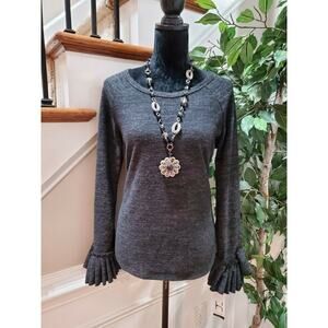 Hannah Women Solid Gray Polyester Round Neck Long Sleeve Casual Top Shirt Size M